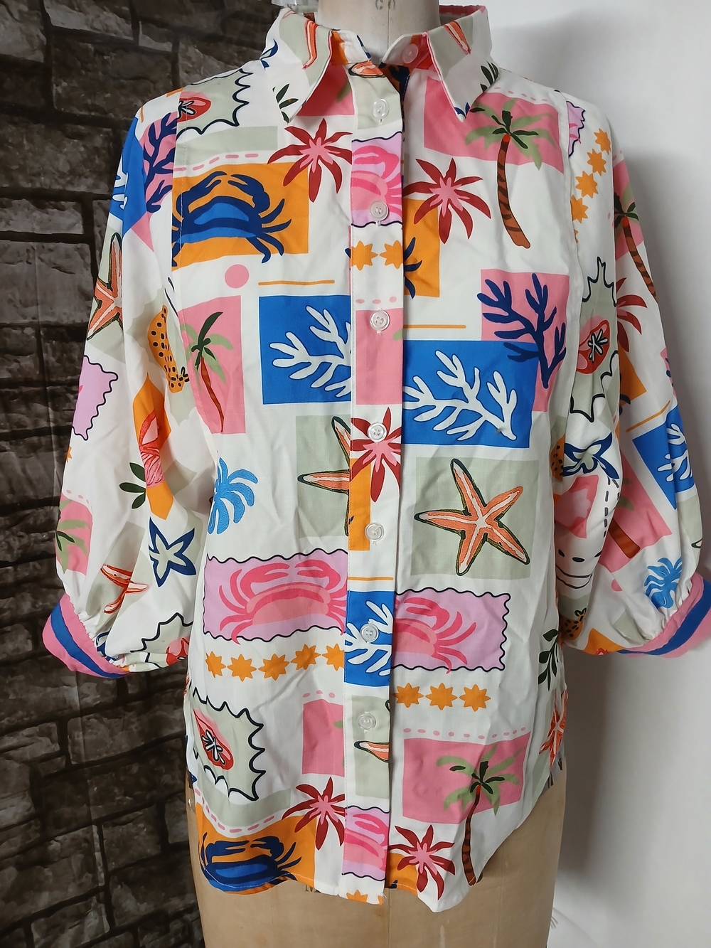 Tropical Print Button-Down Shirt - White Multi Women's